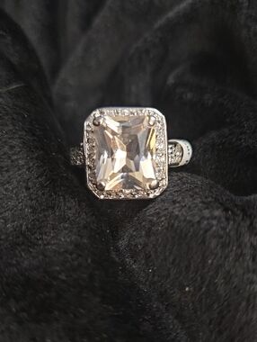 Classic Rectangular Clear Stone Halo Ring - Silver